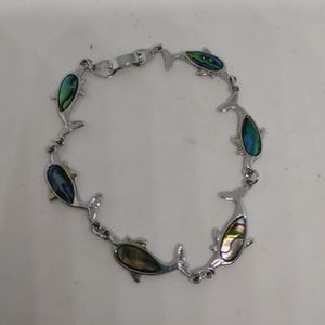 Silvertone Multi Link 7" Bracelet Paua Shell Blue & Greens Dolphins Fold over